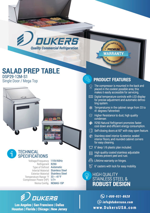 DSP29-12M-S1 1-Door Commercial Food Prep Table Refrigerator in Stainless Steel with Mega Top