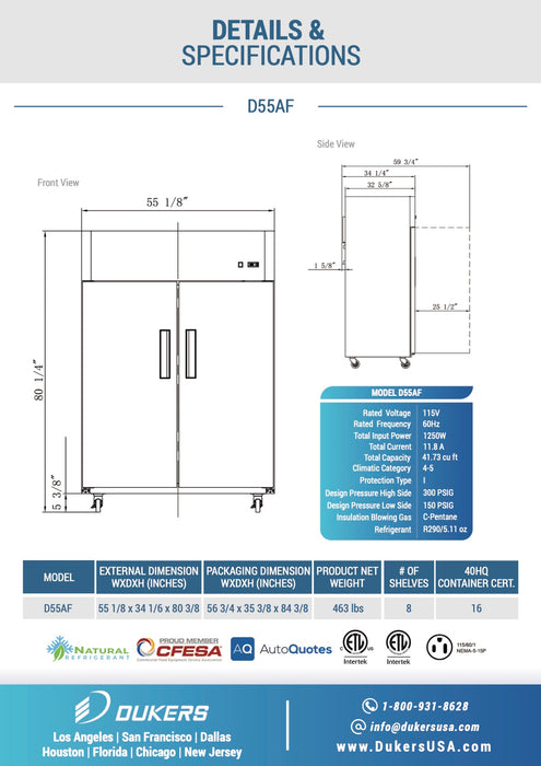 D55AF Commercial 2-Door Top Mount Freezer in Stainless Steel